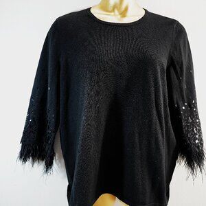 Chicos black feather sequin sleeve cashmere blend sweater size 3?
